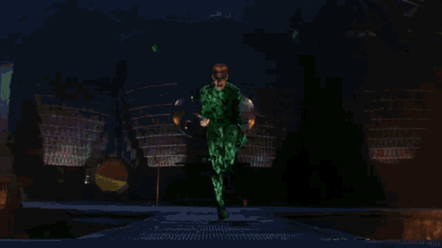 a man in a green jumpsuit is standing in front of a bunch of yellow coins