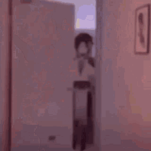 a blurry picture of a person standing in a hallway with a cat .