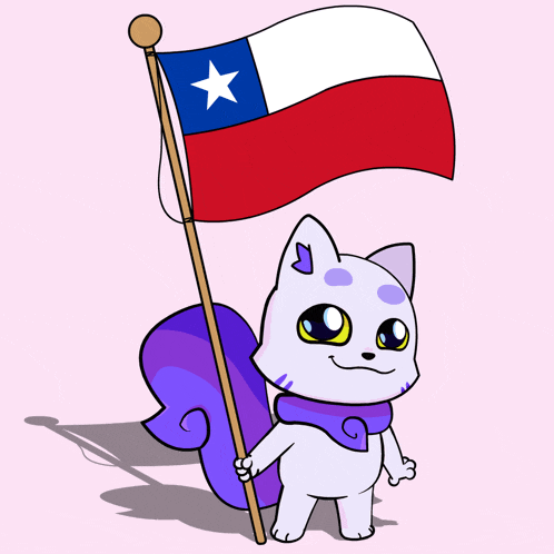 a cartoon drawing of a cat holding a flag