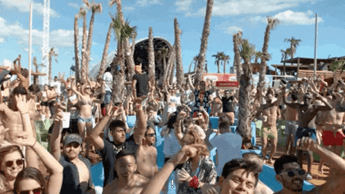 a crowd of people at a beach party with palm trees