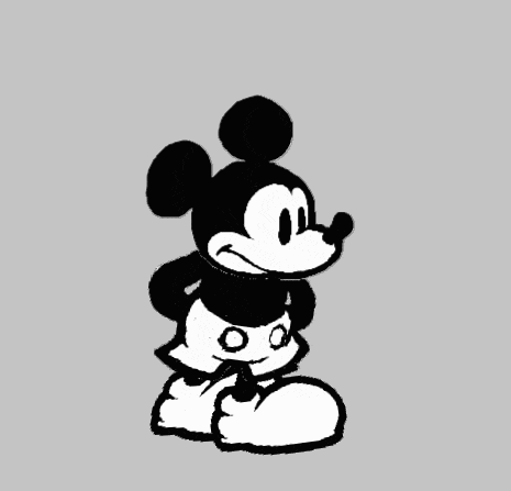 a black and white drawing of mickey mouse walking on a gray background