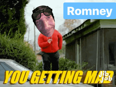 a man in a red shirt is standing on top of a car with the words romney you getting mad behind him