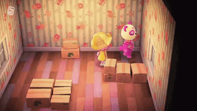 a girl and a panda bear are standing next to each other in a room filled with boxes