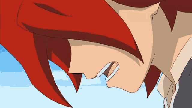 a close up of a cartoon character with red hair against a blue sky