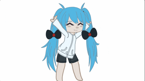 a drawing of a girl with blue hair and black bows in her hair