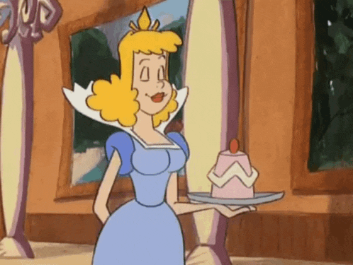 a cartoon of a princess holding a tray with a cake on it .