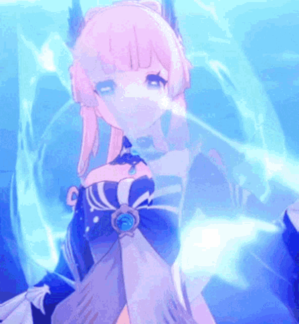 a cartoon girl with pink hair and a blue dress