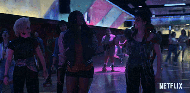 a netflix ad shows people rollerblading in a roller rink