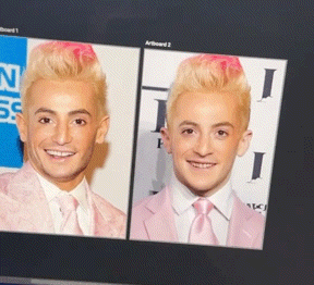 two pictures of a man in a pink suit and tie are on a computer screen