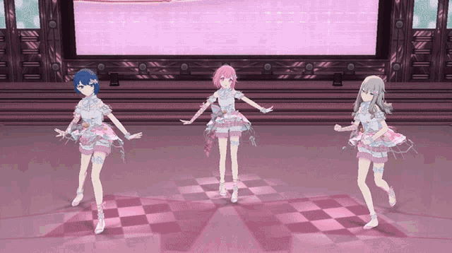 three anime girls are dancing on a stage