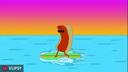 a hot dog wearing sunglasses is riding a surfboard