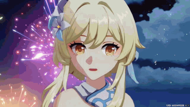 a girl with a flower in her hair is standing in front of fireworks
