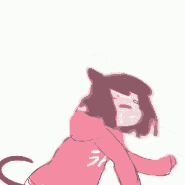 a cartoon of a girl wearing a pink hoodie with cat ears and a black tail .
