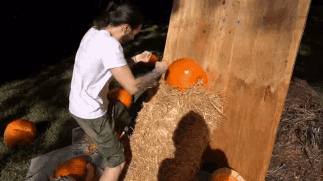 a man in a white shirt is carving pumpkins on a hay bale