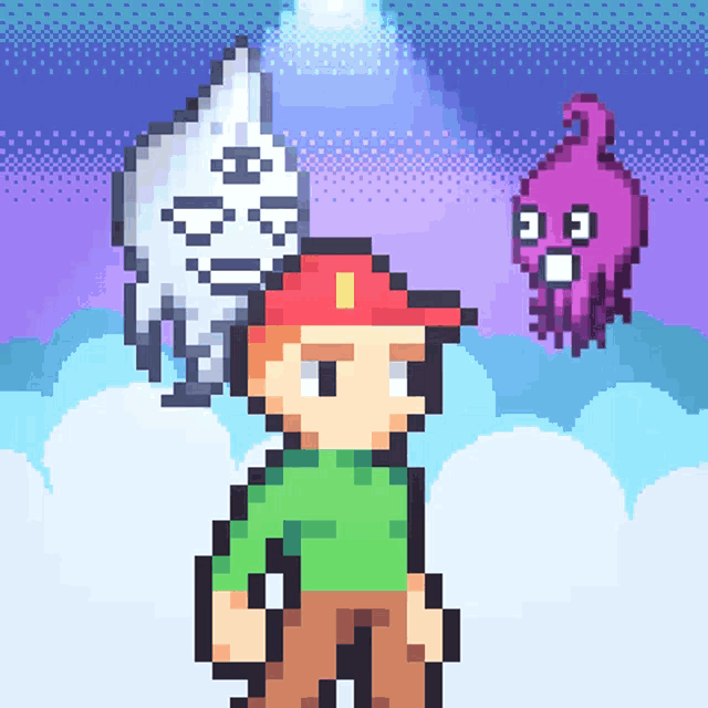 a pixel art of a boy with a ghost on his head and a purple octopus