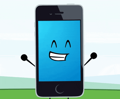 a cartoon drawing of a cell phone with a blue face on the screen