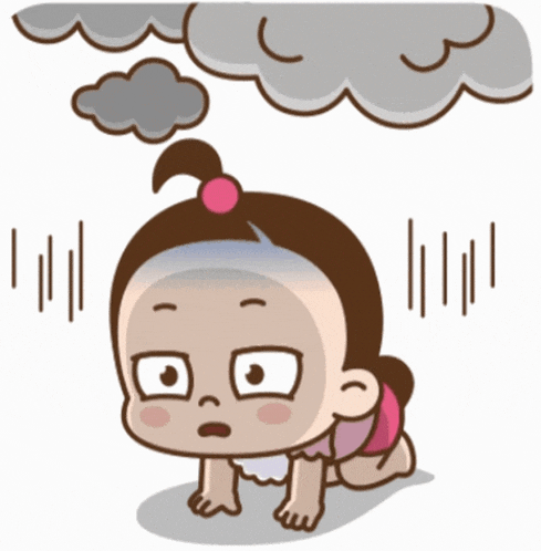 a cartoon of a girl crawling under a cloud