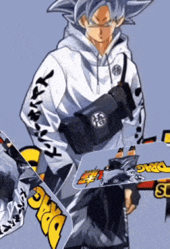 a drawing of a man holding a skateboard with dragon ball written on it