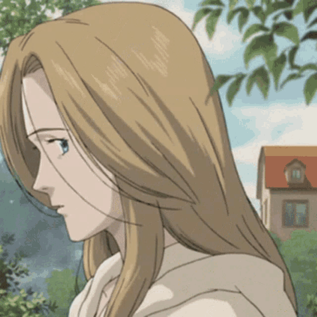 a woman with long blonde hair and blue eyes is standing in front of a house