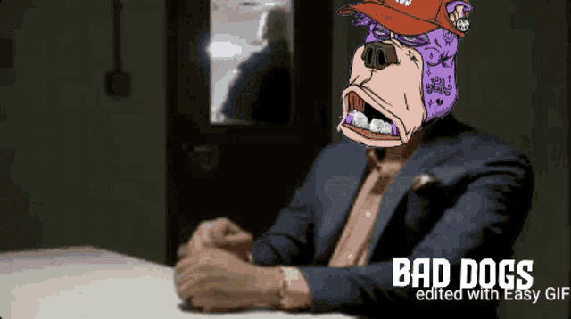 a cartoon of a man in a suit and hat with the words bad dogs edited with easy gif below it