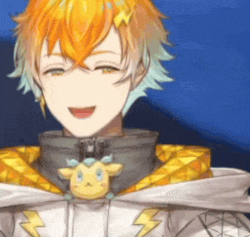 a boy with orange hair is wearing a hoodie with lightning bolts on it and a stuffed animal on his chest .