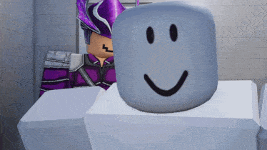 a cartoon character with a purple hat and a smiley face