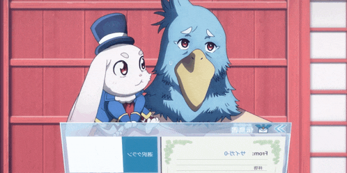 a bird and a rabbit are standing next to each other in front of a screen that says smart