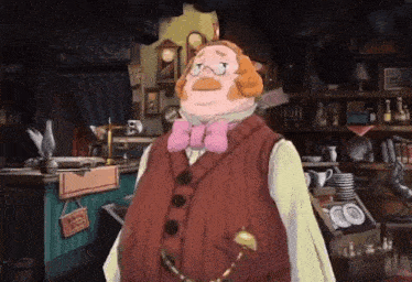 a man with a pink bow tie is standing in a room with a sign that says ' afternoon tea ' on it