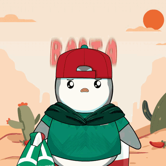 a cartoon of a penguin wearing a green shirt and a red hat with the word basta behind him