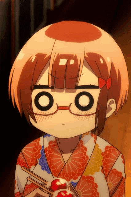 a girl wearing glasses and a kimono holds a red ball