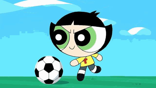 buttercup from the powerpuff girls is kicking a soccer ball in a cartoon