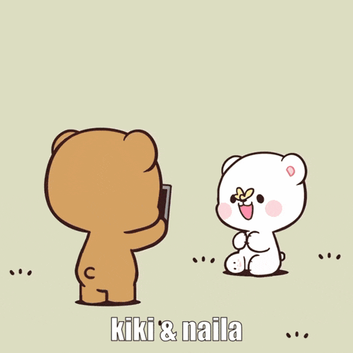 a cartoon of a teddy bear taking a picture with the words video photo slow kiki & nails