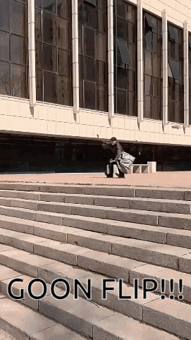 a man is riding a skateboard down a set of stairs with the words goon flip written below him