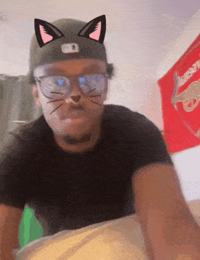a man wearing glasses and a hat with a cat face on it