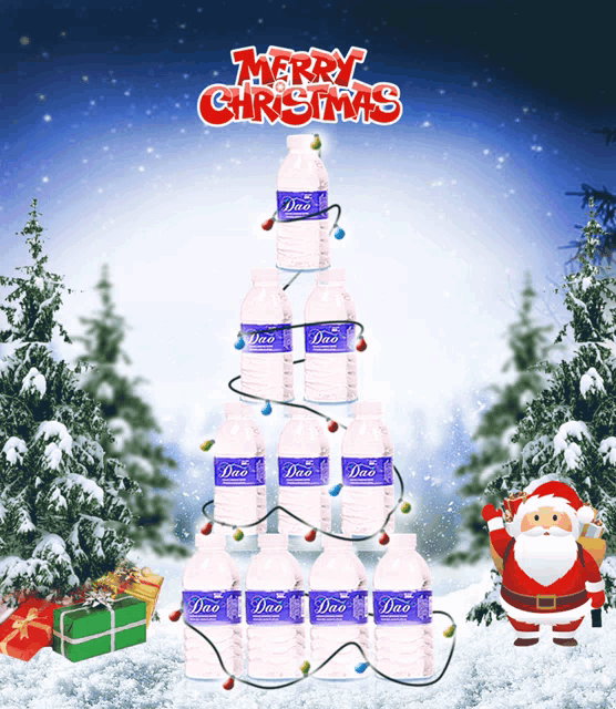 a merry christmas poster with a christmas tree made of dao water bottles