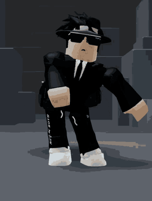 a roblox character wearing sunglasses and a black suit with the word new on the bottom of his pants