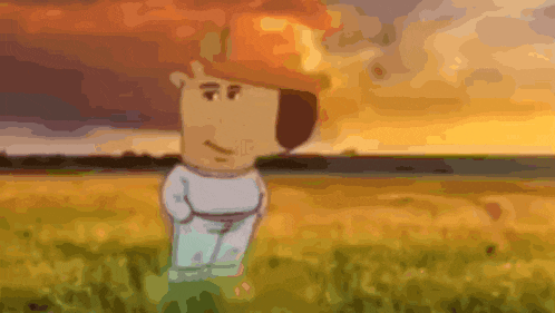a cartoon character is standing in a field with a sunset behind him