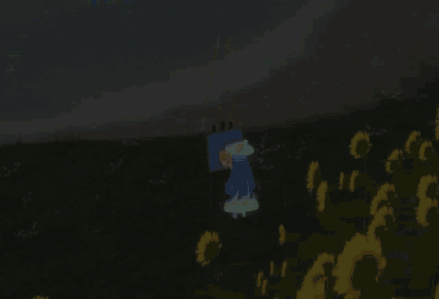 a girl in a blue dress is painting a picture on an easel