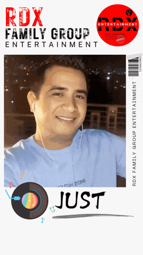 an ad for rdx family group entertainment shows a man with headphones