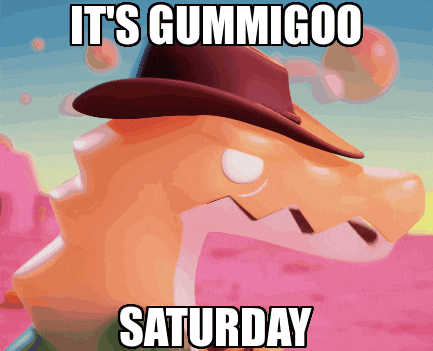 a cartoon character wearing a hat with the words it 's gummigoo saturday