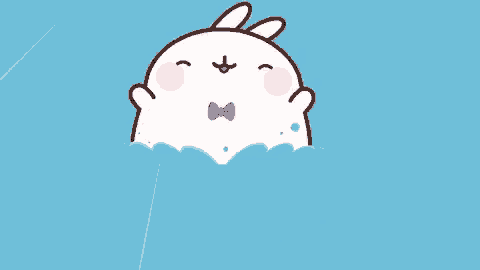 a cartoon rabbit wearing a pink bow tie is floating in the water .
