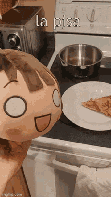 a person is holding a stuffed animal in front of a stove top with a slice of pizza on a plate .