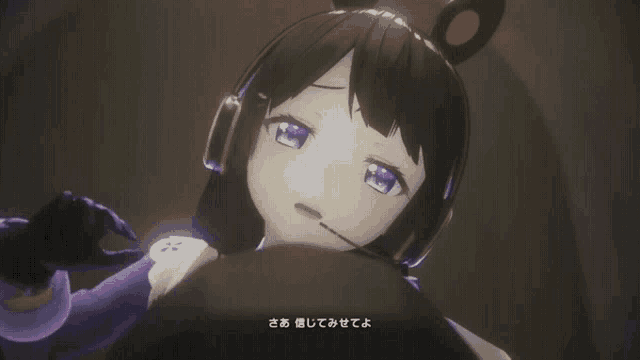 a girl with purple eyes is wearing a headset with a microphone