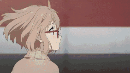 a girl wearing glasses and a pink sweater is standing in front of a red and white flag