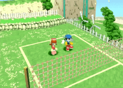 a girl in a pink top is standing next to a boy in a blue hat in a video game