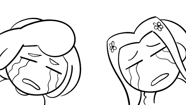 a black and white drawing of two girls crying with flowers in their hair .