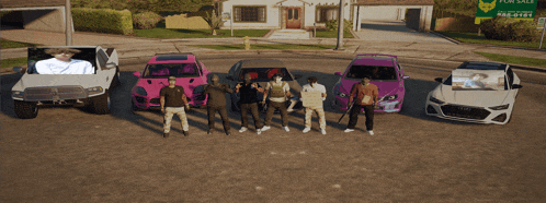 a group of people standing in front of cars with a for sale sign behind them
