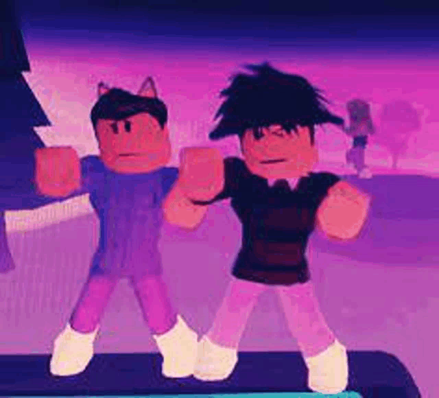 a couple of roblox characters standing next to each other on a skateboard .