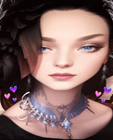 a close up of a woman 's face with blue eyes and a blue necklace