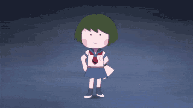 a cartoon girl with green hair is waving her hand in the air